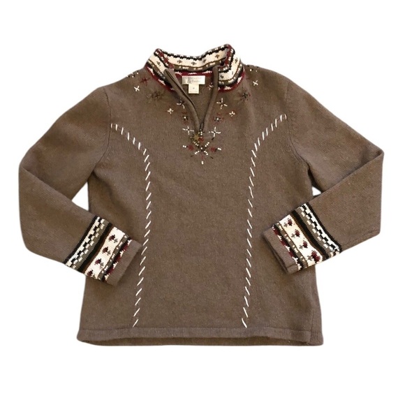 Womens Sweater Sz M Silk Rabbit Hair Wool Christmas Brown Holiday Snowflake Zip - Picture 1 of 8